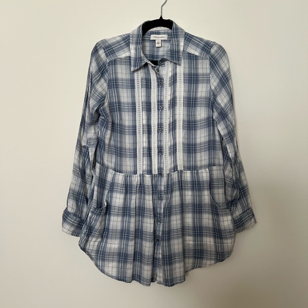 Vintage America Blue and White Plaid Button Down Shirt. Size S.